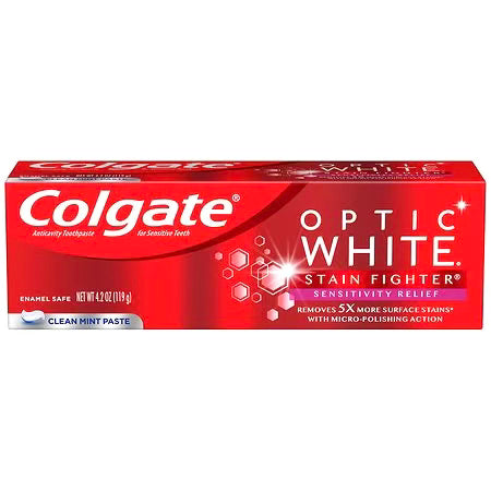 Colgate Optic White Stain Fighter Whitening Toothpaste with Sensitivity Relief Clean Mint 4.2oz