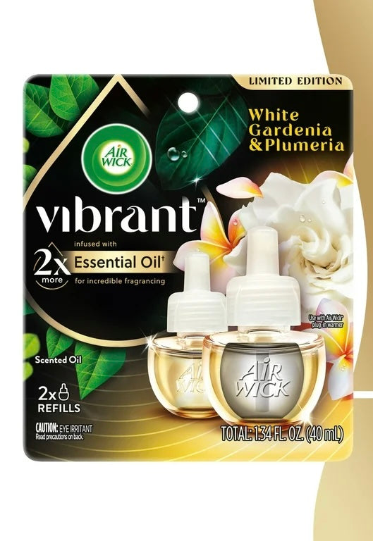 Air Wick Vibrant Plug-In Scented Oil Air Freshener Warmer Refills, White Gardenia and Plumeria, 2 Count