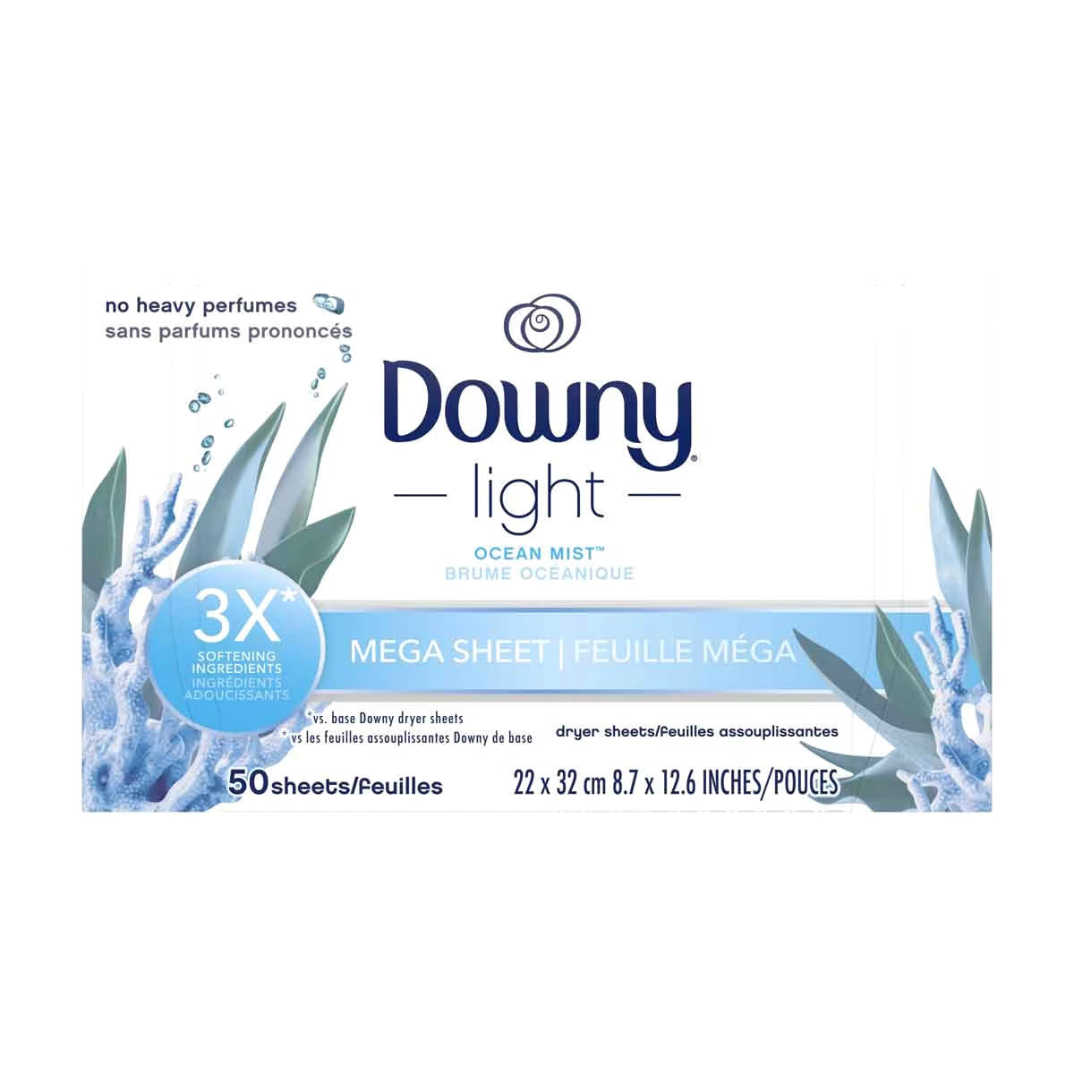 Downy Light Mega Dryer Sheets, Ocean Mist, 50 Count
