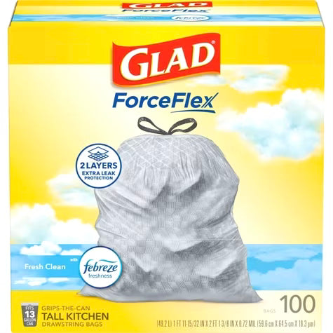 Glad ForceFlex Tall Kitchen Drawstring Trash Bags - Febreze Fresh Clean - 13 Gallon 100ct