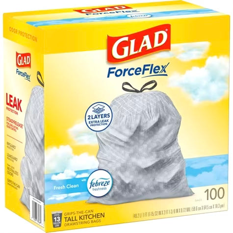 Glad ForceFlex Tall Kitchen Drawstring Trash Bags - Febreze Fresh Clean - 13 Gallon 100ct