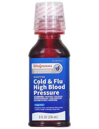 Líquido para la presión arterial alta, sin azúcar y para la gripe y el resfriado nocturno de Walgreens, 8.0 fl oz***