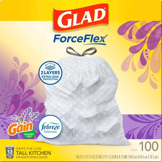 Bolsas de basura altas con cordón para cocina Glad ForceFlex, color lavanda Febreze, 13 galones, 100 unidades