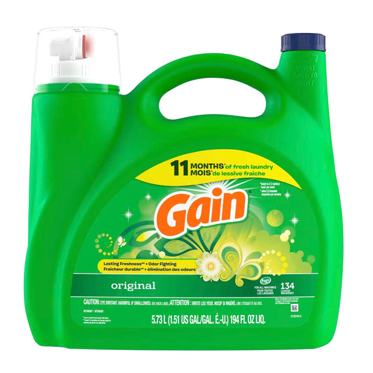 Gain Laundry Detergent Liquid with Odor Fighters, Original Scent, 194 fl oz, 134 Loads