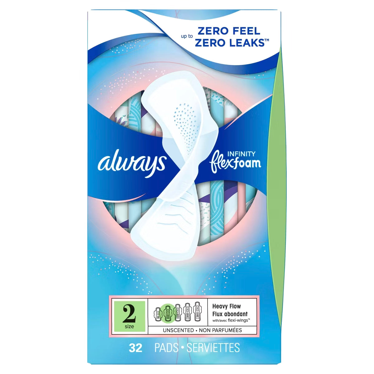 Always Infinity FlexFoam Pads for Women - Size 2 - Super Absorbency - Unscented 32ct