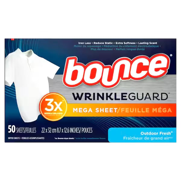 Bounce Wrinkle Guard Dryer Sheets Outdoor Fresh 50 Mega Sheets