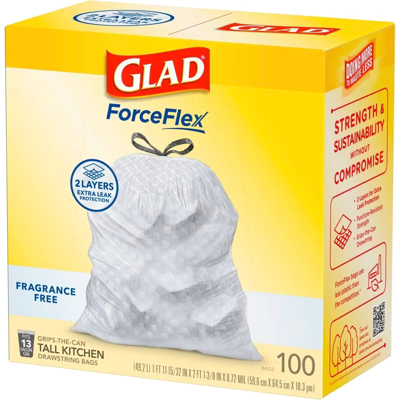 Glad ForceFlex Drawstring Fragrance Free Trash Bags - 13 Gallon - 100ct