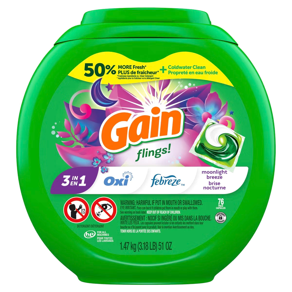 Gain flings! Moonlight Breeze HE Deep Cleaning Concentrated Laundry Detergent Pods 76ct
