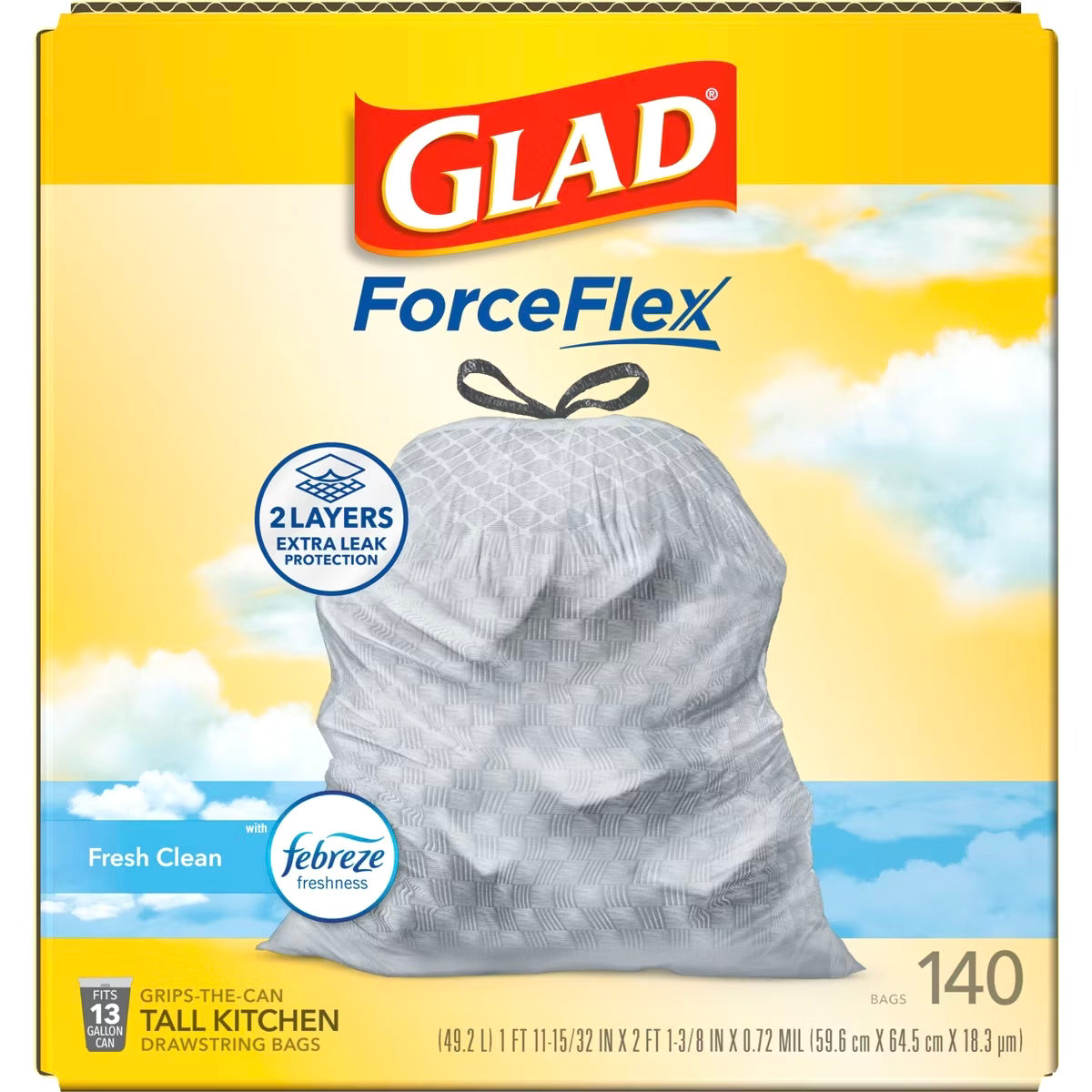 Glad ForceFlex Drawstring Trash Bags - Fresh Clean Scent- 13gal/140ct