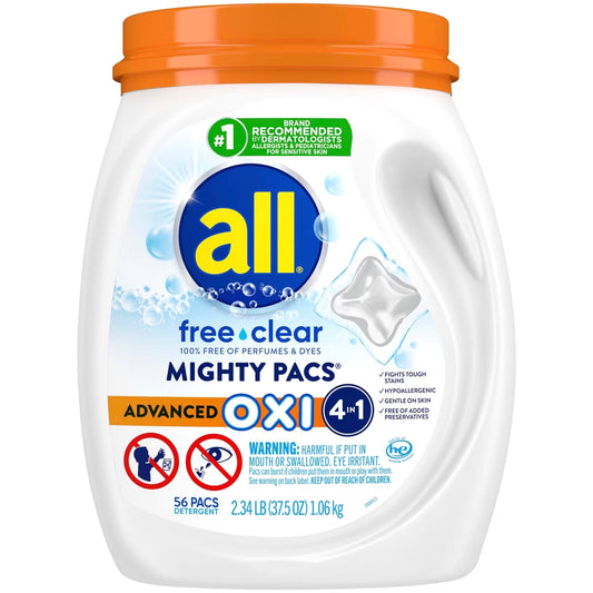 all Laundry Detergent Pacs, Mighty Pacs with OXI Stain Removers and Whiteners, Free Clear, Unscented and Dye Free, 56 Count