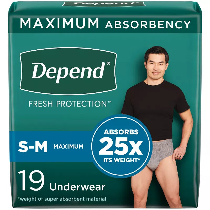 Ropa interior desechable para adultos con incontinencia Depend Fresh Protection para hombres - Máxima absorción - Talla pequeña/mediana 19 unidades***