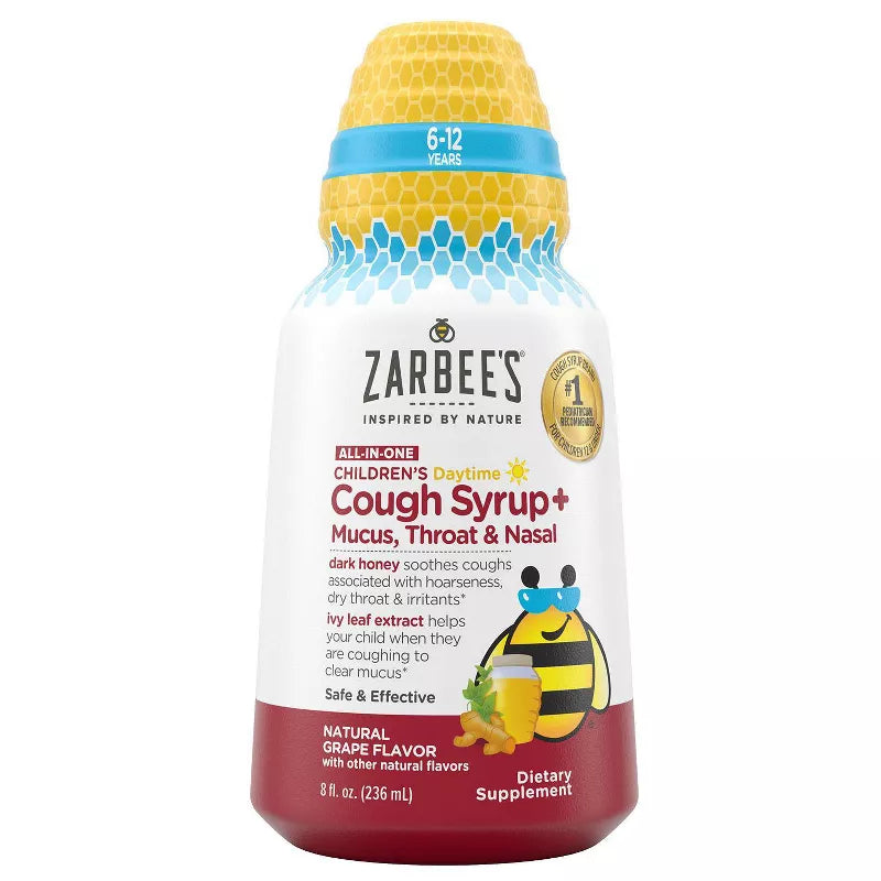 Jarabe para la tos All-in-One Daytime de Zarbee's para niños de 6 a 12 años con miel, cúrcuma, B3,6,12 y zinc - Uva - 8 fl oz