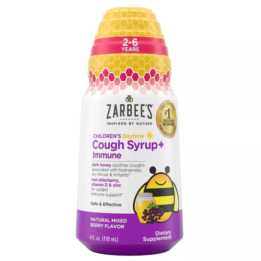 Zarbee's Kid's Cough + Immune Daytime para niños de 2 a 6 años con miel, vitamina D y zinc - Mezcla de frutos del bosque - 4 fl oz