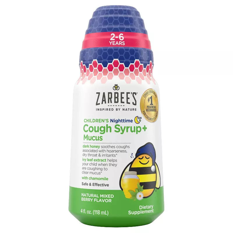 Zarbee's Kids Cough + Mucus Nighttime con miel, hojas de hiedra, zinc y baya del saúco - Bayas mixtas - 4 fl oz