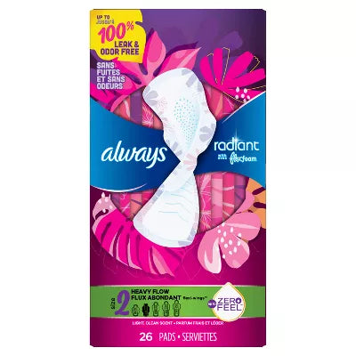 Always Radiant FlexFoam Heavy Flow Absorbency Pads with Wings - Scented - Size 2