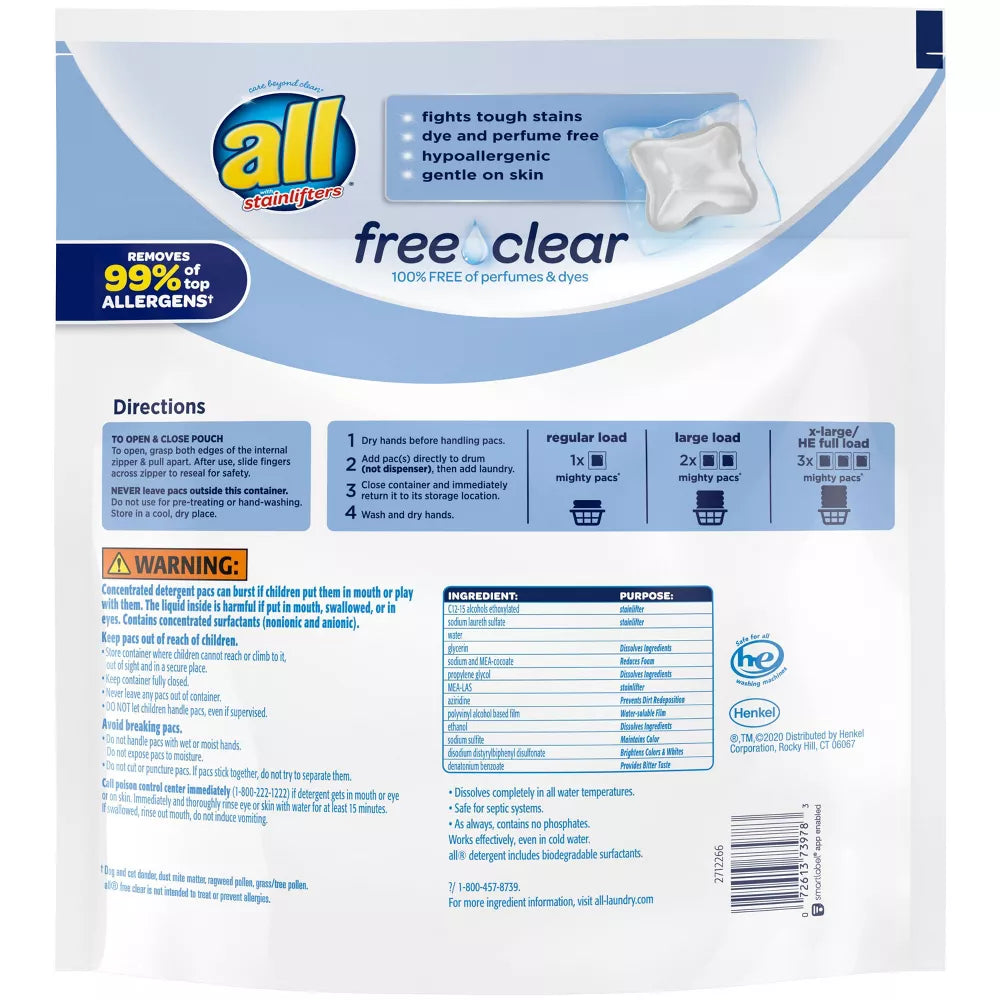 All Mighty Pacs Free Clear Laundry Detergent Pacs - 39ct