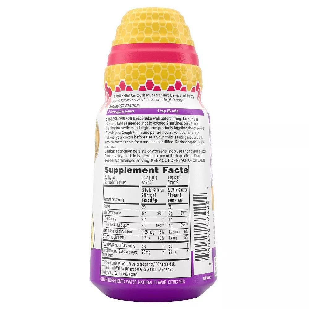 Zarbee's Kid's Cough + Immune Daytime para niños de 2 a 6 años con miel, vitamina D y zinc - Mezcla de frutos del bosque - 4 fl oz