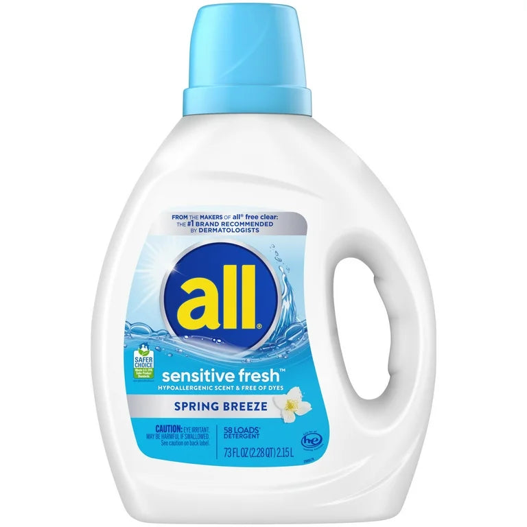 all Sensitive Fresh Liquid Laundry Detergent, Hypoallergenic Spring Breeze Scent & Free of Dyes 73oz