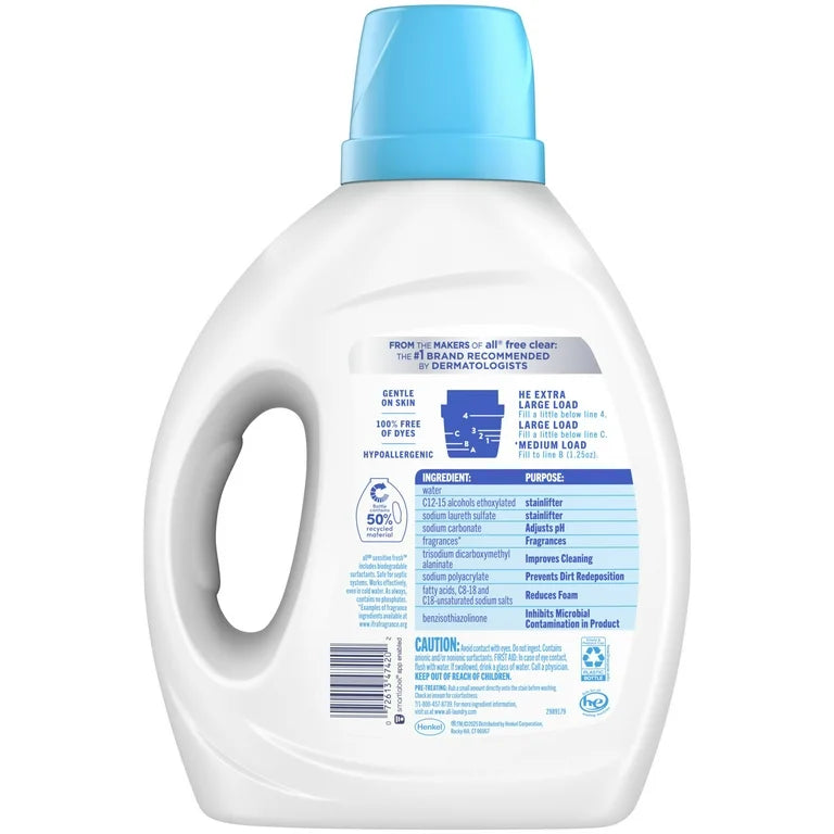 all Sensitive Fresh Liquid Laundry Detergent, Hypoallergenic Spring Breeze Scent & Free of Dyes 73oz