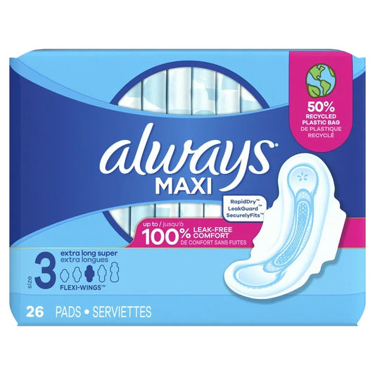 Always Maxi Pads with Wings, Size 3, Extra Long Super Absorbency, 26 Count