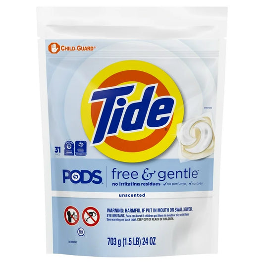 Tide PODS Free and Gentle Liquid Laundry Detergent Pacs, Hypoallergenic, Unscented, 31 Count