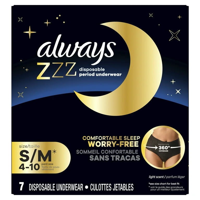 Always ZZZ Overnight Disposable Period Underwear Size S/ M, (Pant Size 4-10) 7 Count