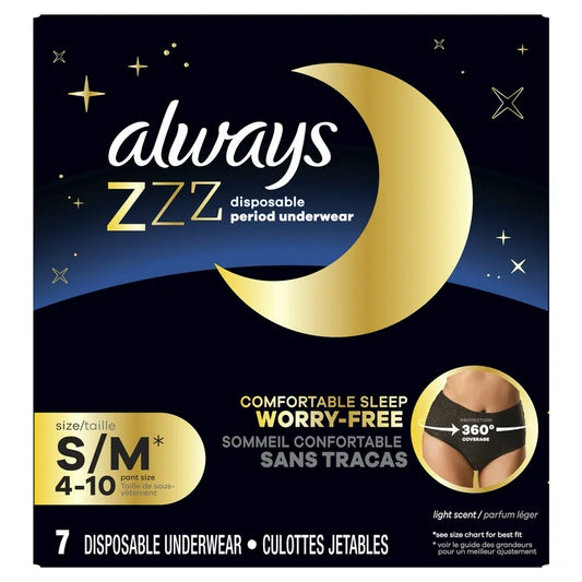 Always ZZZ Overnight Disposable Period Underwear Size S/ M, (Pant Size 4-10) 7 Count
