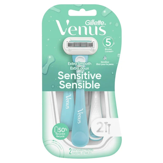 Venus Extra Smooth Sensitive Women's 5 Blade Disposable Razor, 2 count, Blue