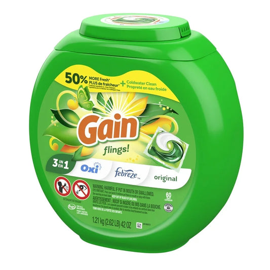 Gain Flings 3-in-1 Laundry Detergent Pacs, Original Scent, 60ct