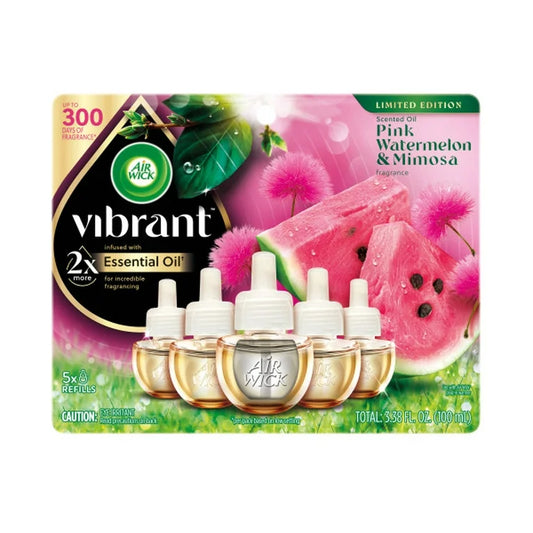 Air Wick Vibrant Plug-In Scented Oil Air Freshener Warmer Refills, Pink Watermelon and Mimosa, 5 Count