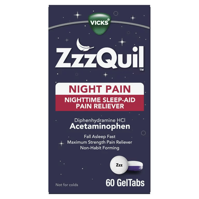 Vicks ZzzQuil Night Pain Sleep Aid Geltabs, Non-Habit Forming, Nighttime Pain Reliever, 60 Ct***