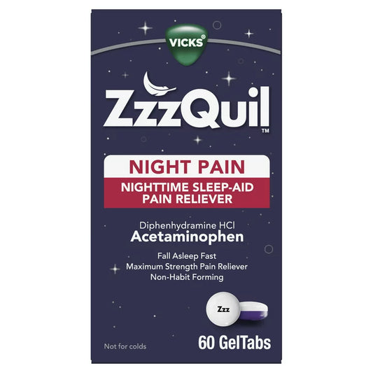 Pastillas de gel Vicks ZzzQuil Night Pain Sleep Aid, analgésico nocturno que no genera dependencia, 60 unidades***