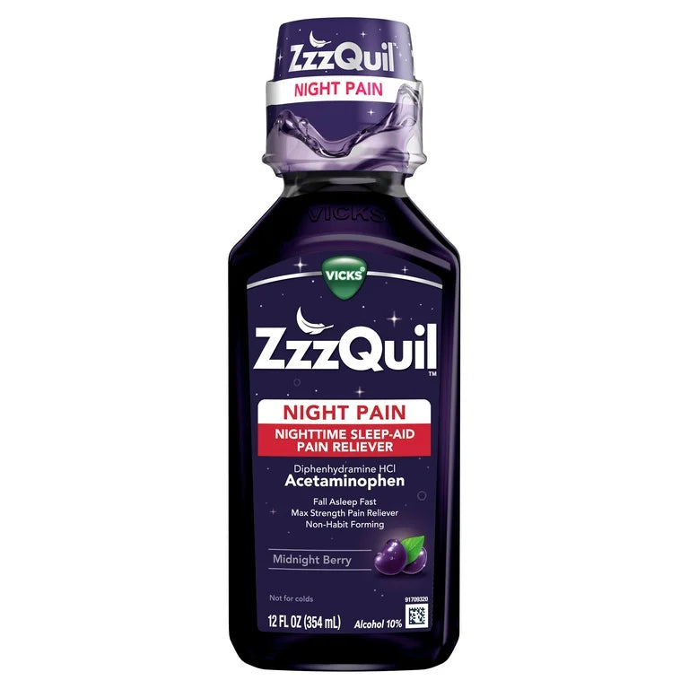 Vicks ZzzQuil Night Pain Liquid Sleep Aid, Non-Habit Forming, Nighttime Pain Reliever, Midnight Berry, 12 fl oz***