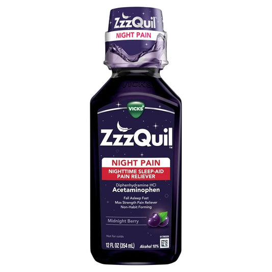 Vicks ZzzQuil Night Pain Liquid Sleep Aid, analgésico nocturno que no genera dependencia, baya de medianoche, 12 fl oz***