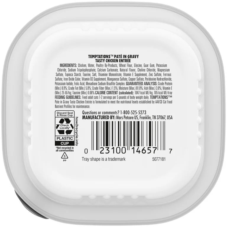 Comida húmeda para gatos Temptations Tasty Chicken Flavor Paté In Gravy, bandeja de 3,5 oz
