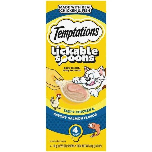 Temptations Lickable Spoons 濕貓零食，美味雞肉和美味鮭魚，10 克，4 件裝