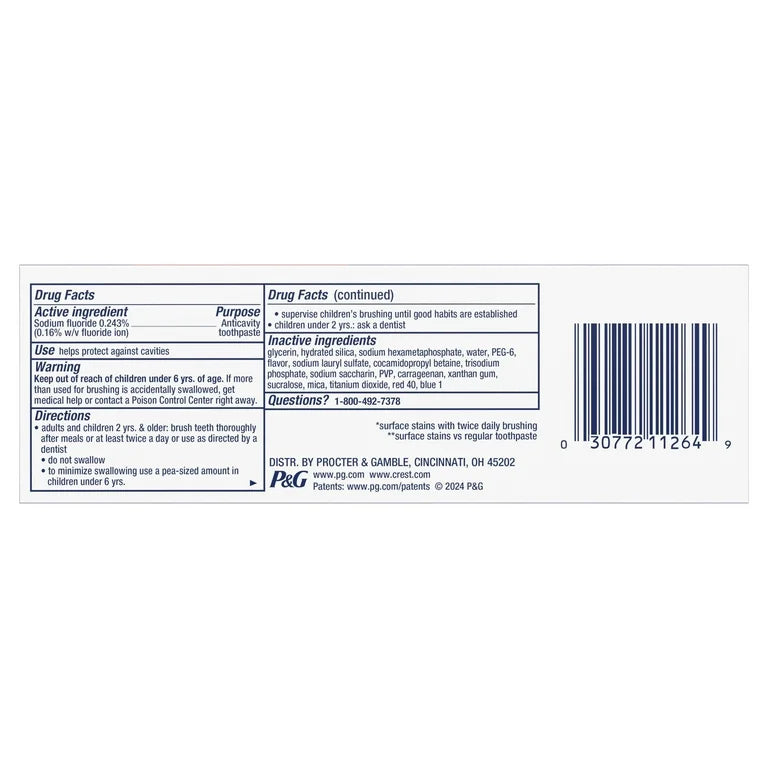 Pasta dental blanqueadora Crest 3D White Brilliance Luminous Purple, 127 g, con flúor anticaries, elimina 100 % más las manchas superficiales.