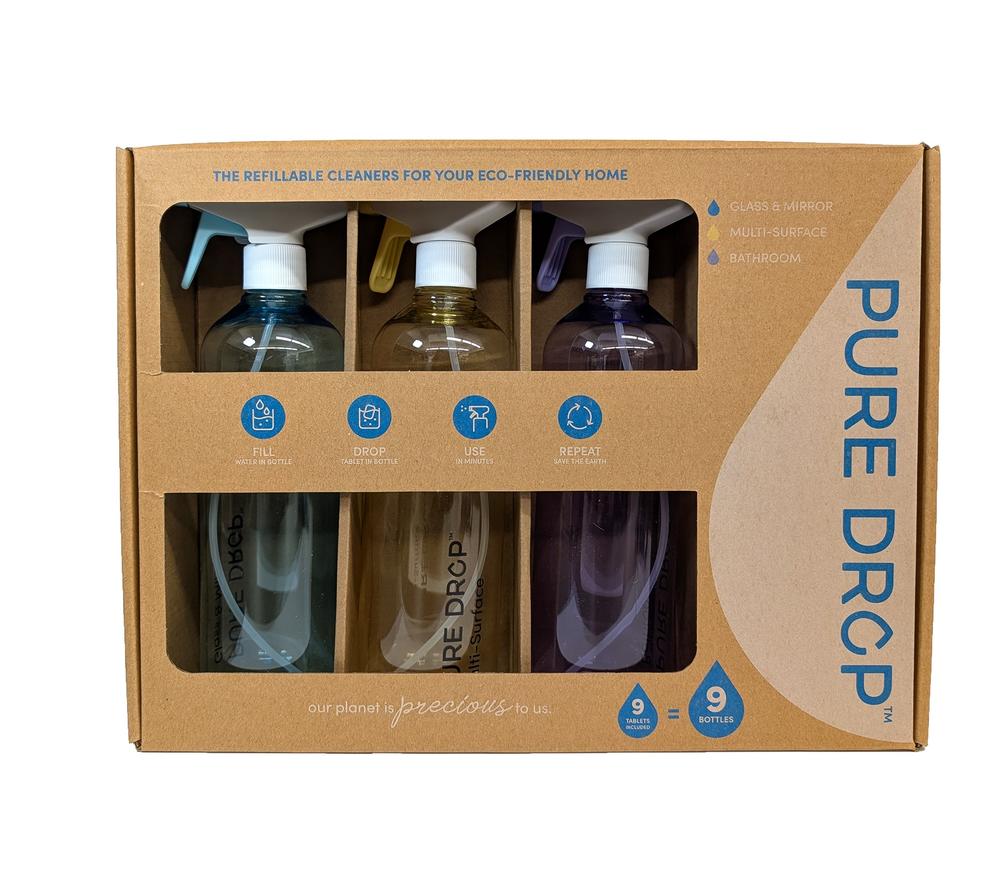 Pure Drop Cleaning Spray Bottles With 9 Full Size Refills and 3 Different Cleaners!