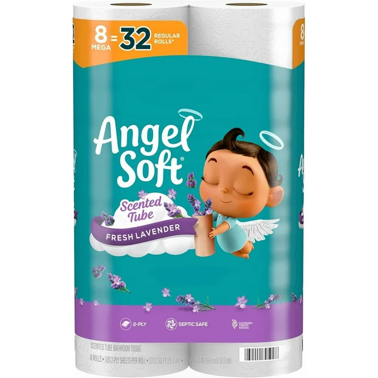 Angel Soft 2-Ply Toilet Paper, Fresh Lavender Scented Tube, 8 Mega Rolls