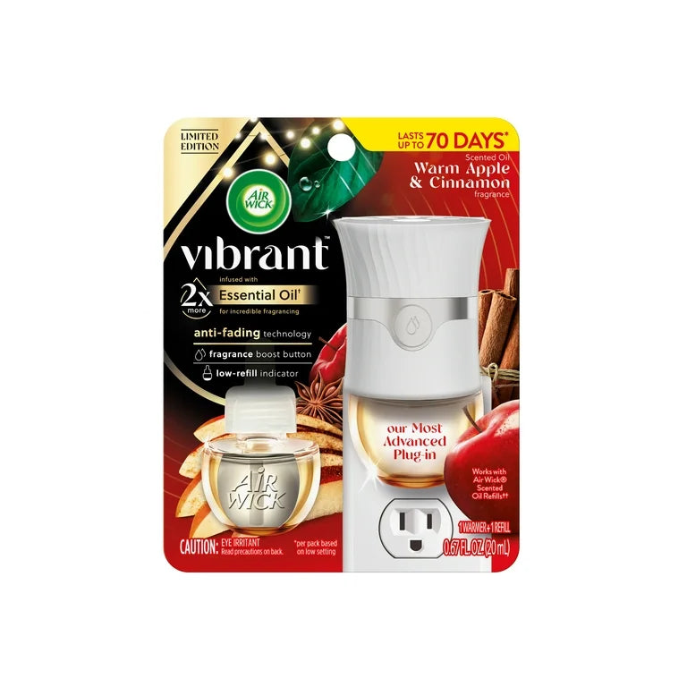Air Wick Vibrant Plug-In Scented Oil Air Freshener Warmer Starter Kit, Apple and Cinnamon, 2 Piece