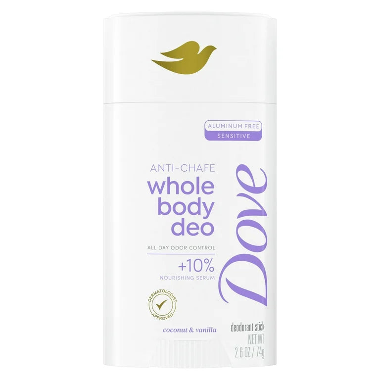 Dove Whole Body Deo Anti-Chafe Deodorant Stick Coconut & Vanilla Aluminum Free, 2.6 oz