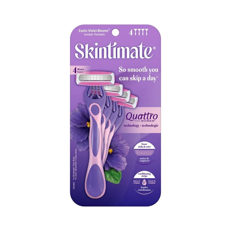 Skintimate Exotic Violet Blooms 4-Blade Women's Disposable Razor, 4 Ct