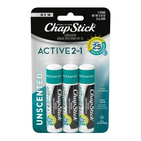 Chapstick Active 2-in-1 Unscented Lip Balms - 0.45oz/3ct ***