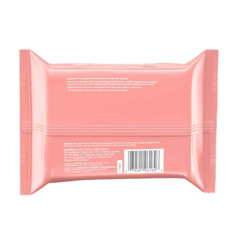 Toallitas limpiadoras faciales sin aceite de Neutrogena, pomelo rosado, 25 unidades