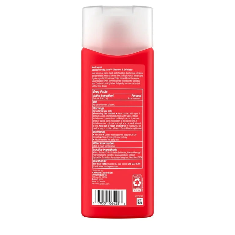 Gel de baño limpiador y exfoliante para el cuerpo con tratamiento diario para el acné rebelde de Neutrogena, 8,5 oz