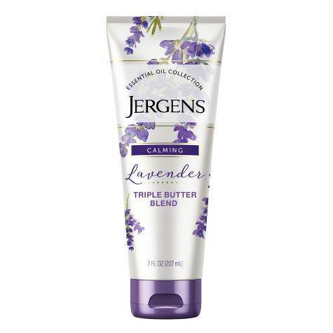 Loción para manos y cuerpo Jergens Lavender Triple Butter Blend, con aceites esenciales, calmante, 7 fl oz