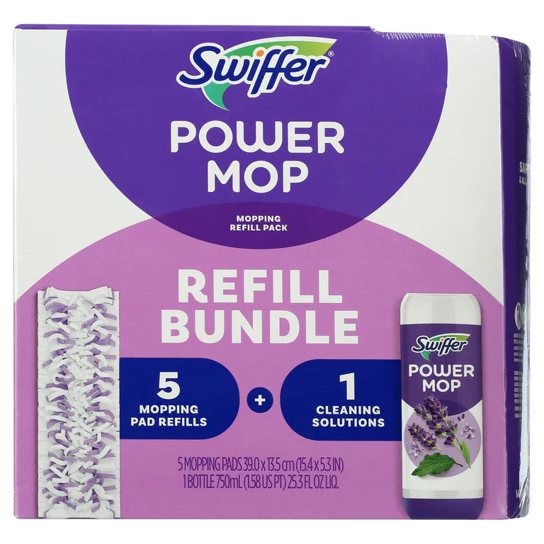 Paquete de recambio para mopa eléctrica Swiffer, limpiador para baldosas, laminado y madera, 5 almohadillas + 1 solución de lavanda