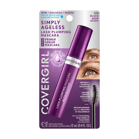 Máscara de pestañas 3 en 1 Simply Ageless Lash Plumping de COVERGIRL, 120 negro resistente al agua