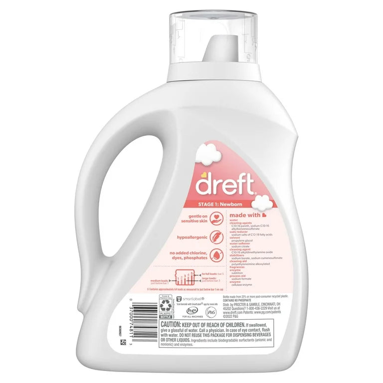 Dreft Newborn Baby Liquid Laundry Detergent, Sensitive Skin, Hypoallergenic, 64 Loads, 92 fl oz