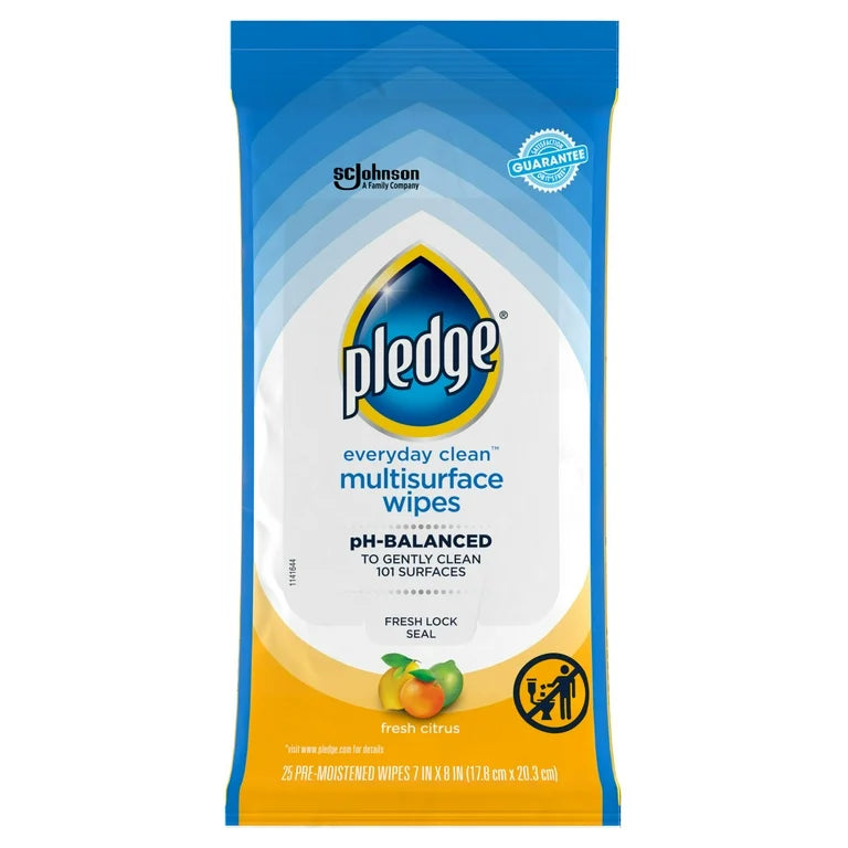 Pledge Multisurface Cleaning Wipes, pH Balanced, Fresh Citrus, 25 Count